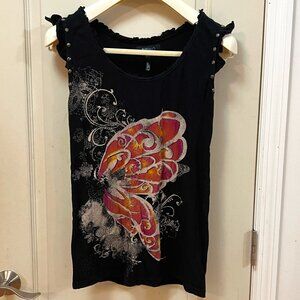 Buffalo David Bitton Women's XL 100% Cotton Ruffled sleeveless Tank Top. Black.